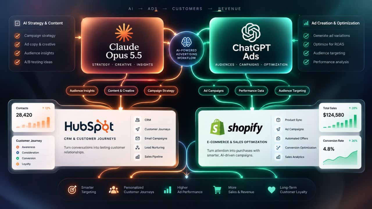 Illustration eines KI-gestützten Werbe-Workflows mit HubSpot und Shopify