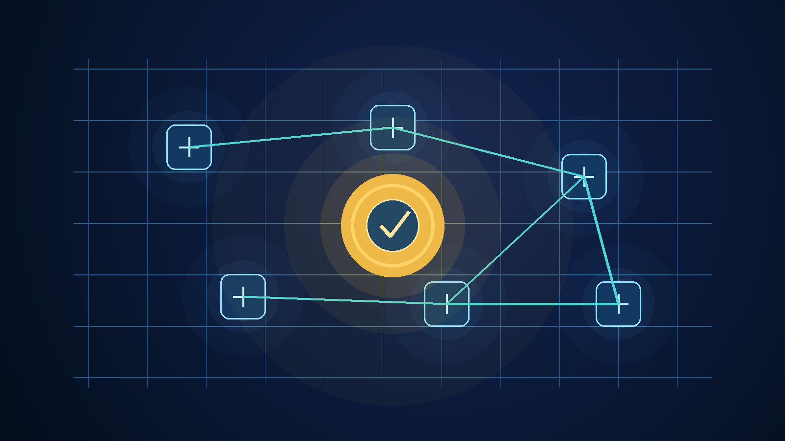 Neue KI-Modelle in der Beschaffung: abstrakte KI-Infrastruktur mit verbundenen Modulen und einem goldenen Prüfkreis.